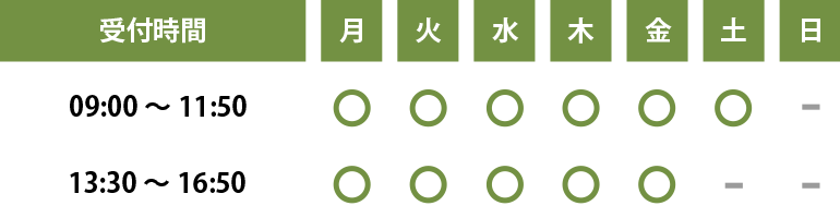 診療時間：月～金曜日は午前と午後とも診療、土曜日は午前のみ診療です